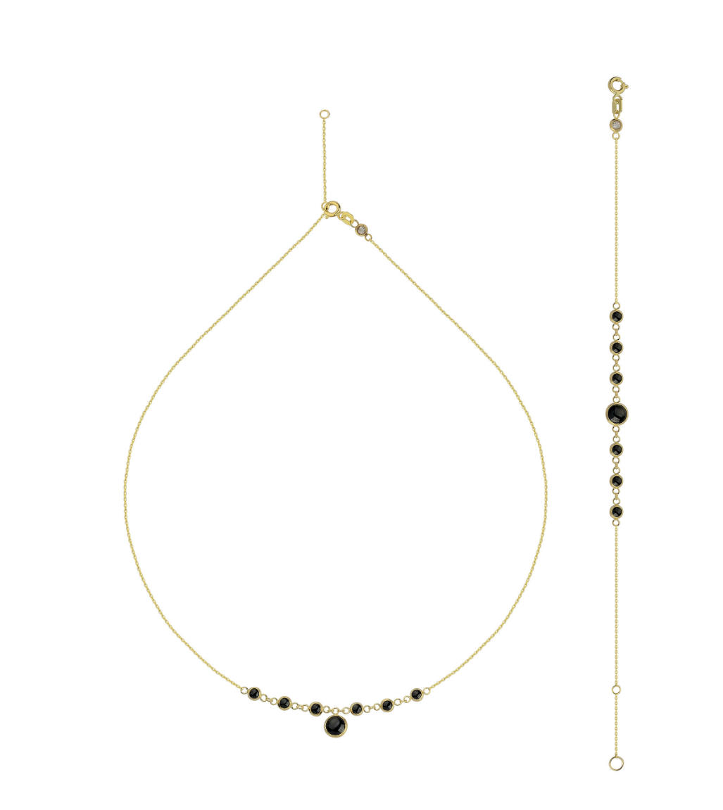 Siyah Taş Detaylı Zarif Altın Kolye & Bileklik Seti