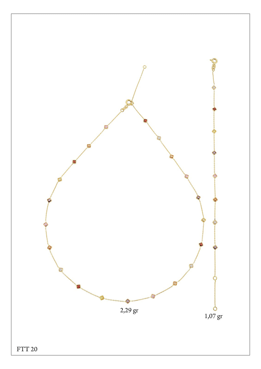 Renkli Kare Taşlı Altın Kolye ve Bileklik Seti
