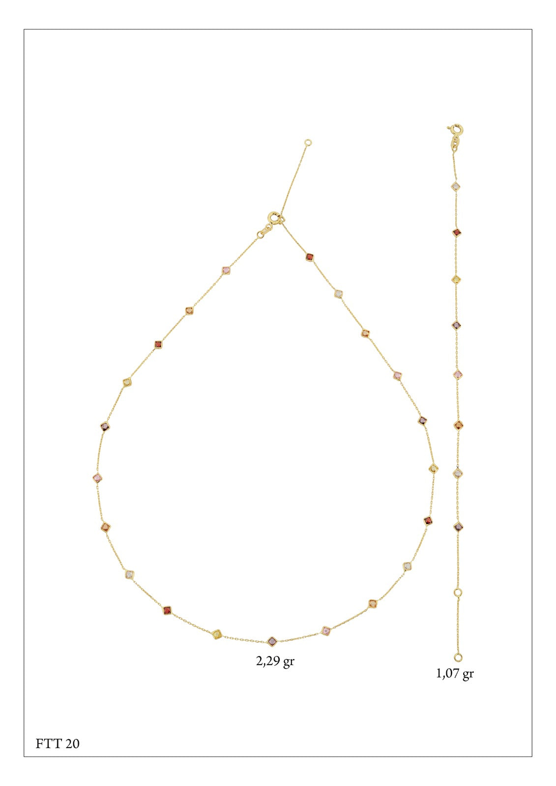 Renkli Kare Taşlı Altın Kolye ve Bileklik Seti