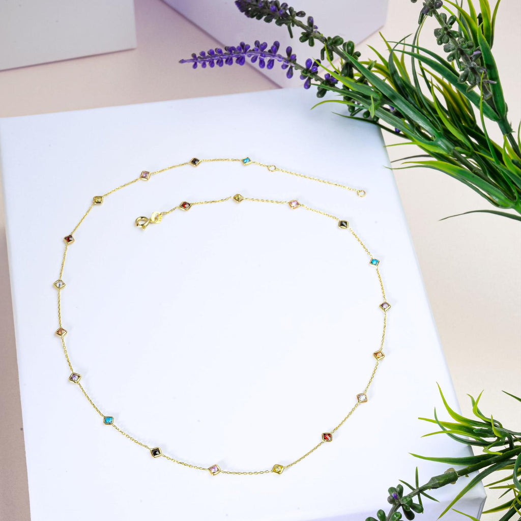 Renkli Kare Taşlı Altın Kolye ve Bileklik Seti