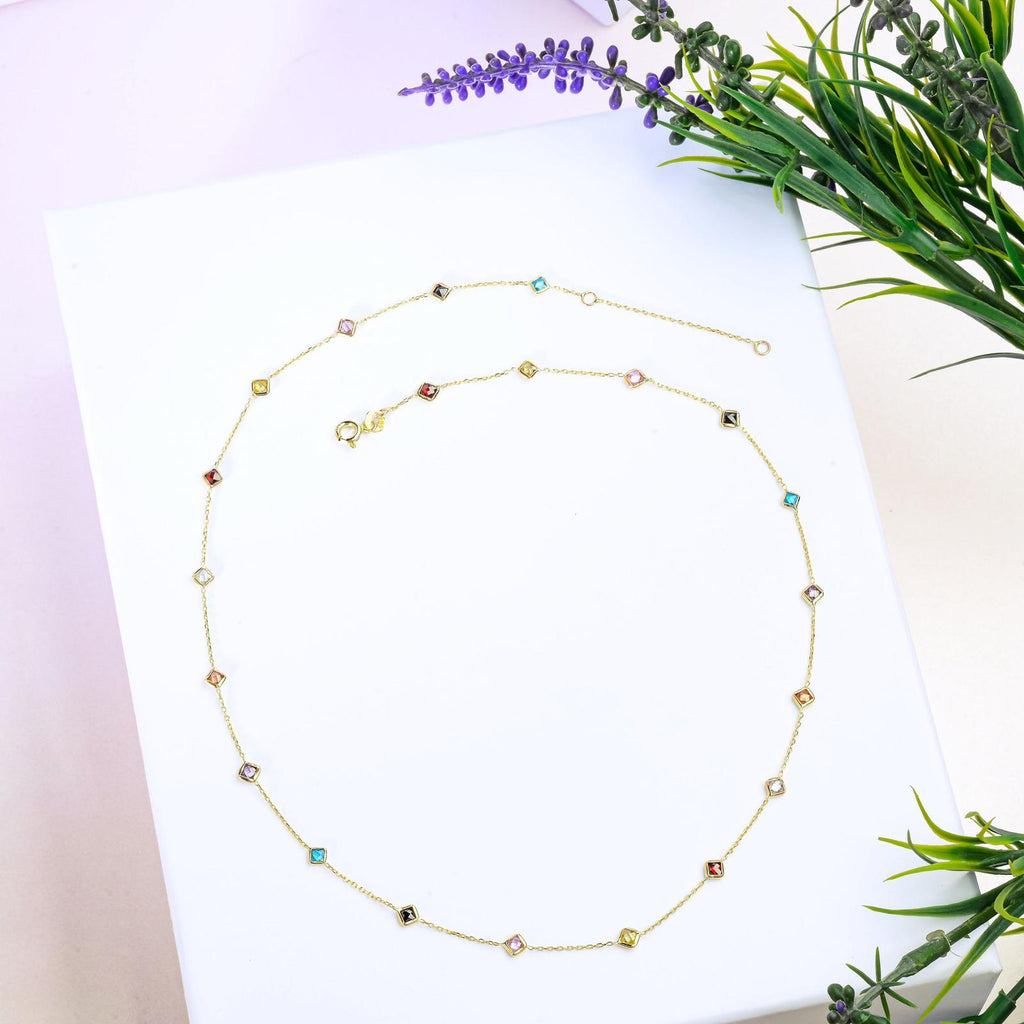 Renkli Kare Taşlı Altın Kolye ve Bileklik Seti