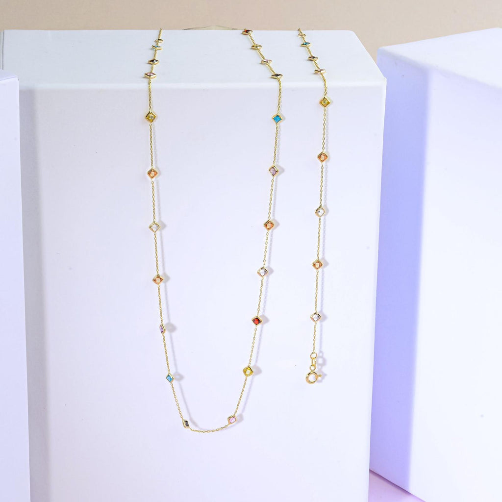 Renkli Kare Taşlı Altın Kolye ve Bileklik Seti