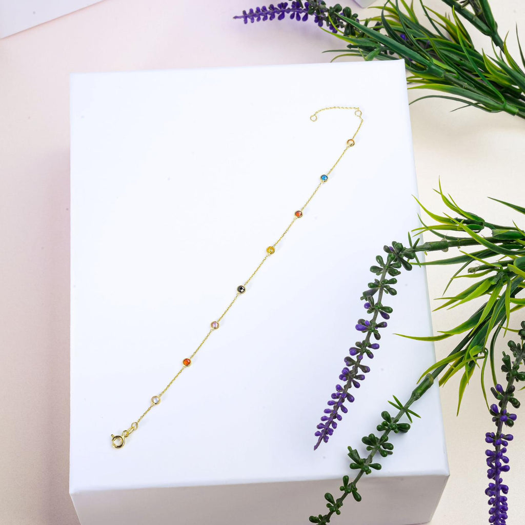 Renkli Yuvarlak Taşlı İnce Altın Bileklik